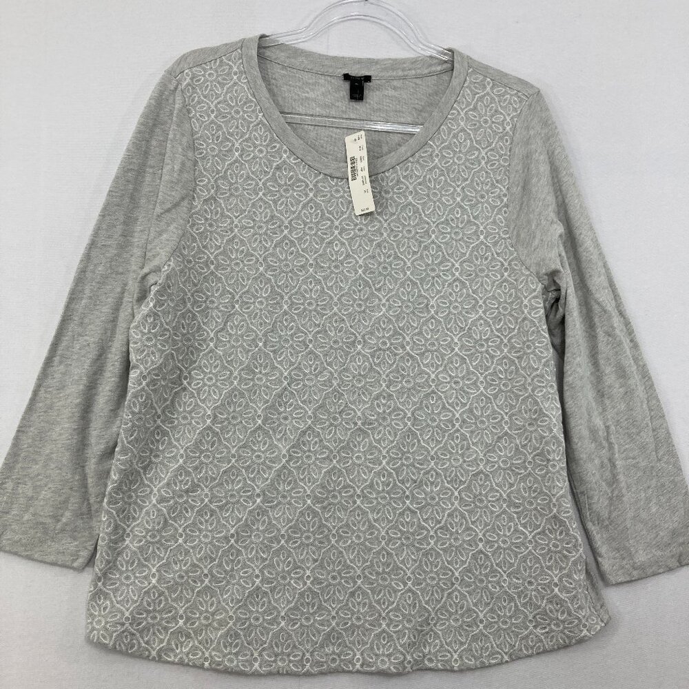 New J. Crew Large Light Gray Embroidered 3/4 Sleeve Cotton‎ Stretch Preppy Top